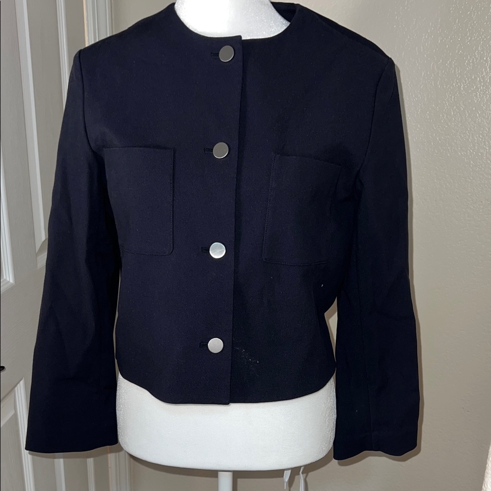 Theory Navy Cropped Button Front Blazer Jacket